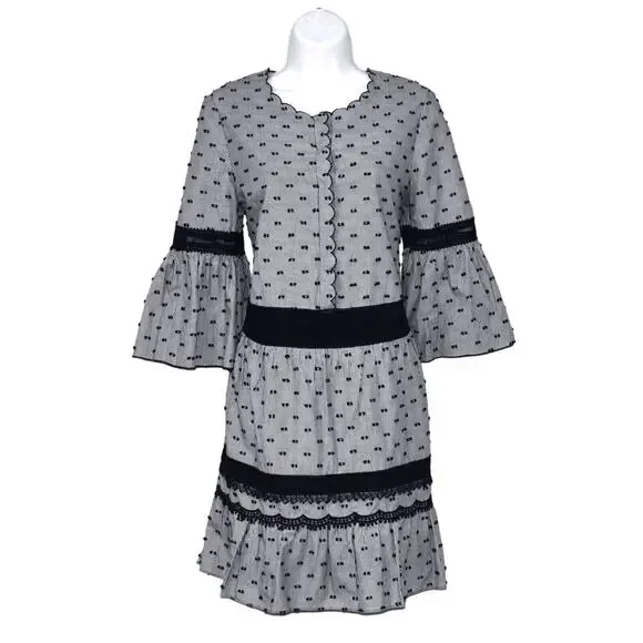 A5 NEW KOBI HALPERIN Gray & White Pinstripe Black Dots Bell Sleeve Dress Size XS - Picture 2 of 6
